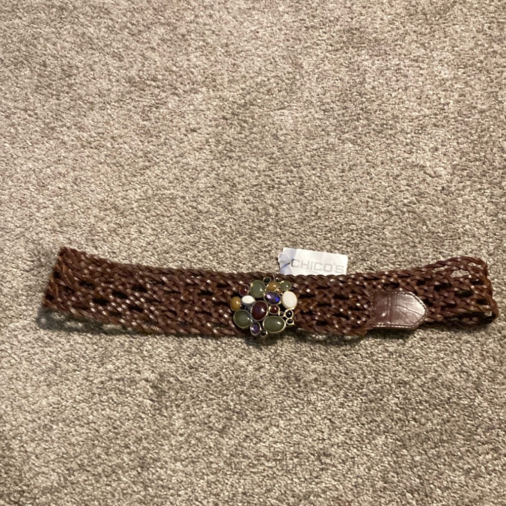 New Chico's Brown Braided Leather Belt with stone cluster Metal Buckle